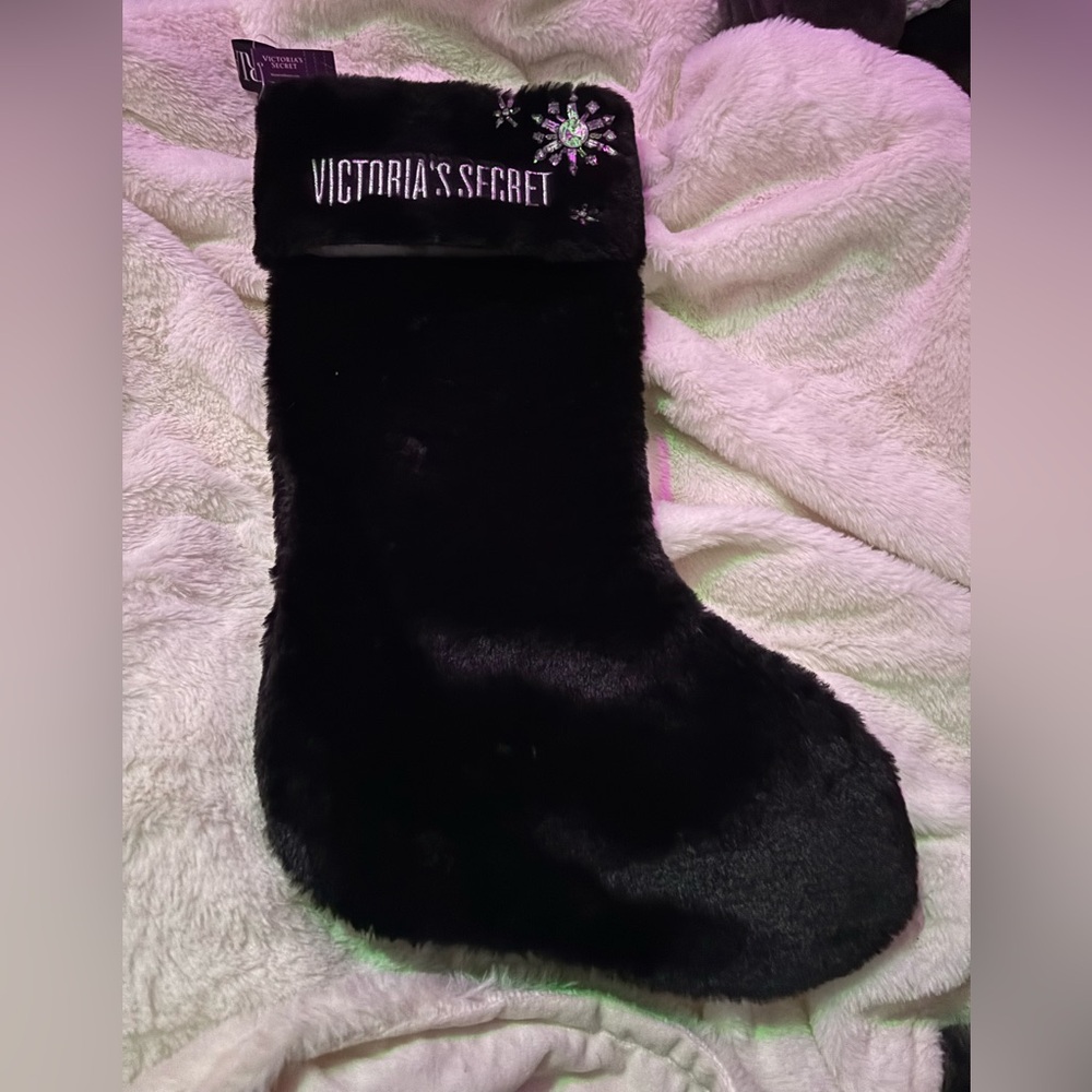 🆕️2019 Victorias Secret Black Faux Fur Rhinestone Snowflake Christmas Stocking